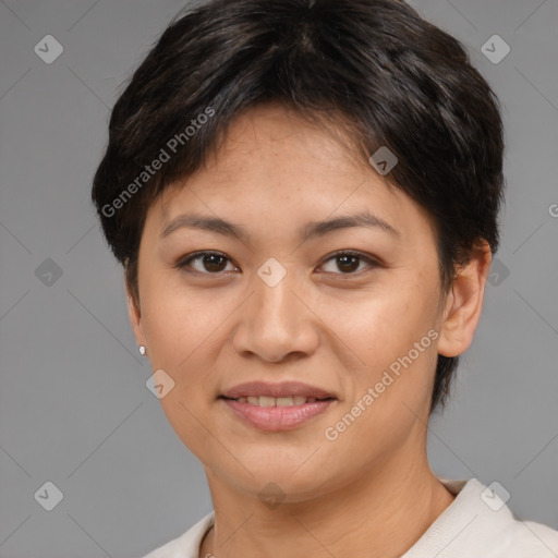 Joyful asian young-adult female with short  brown hair and brown eyes