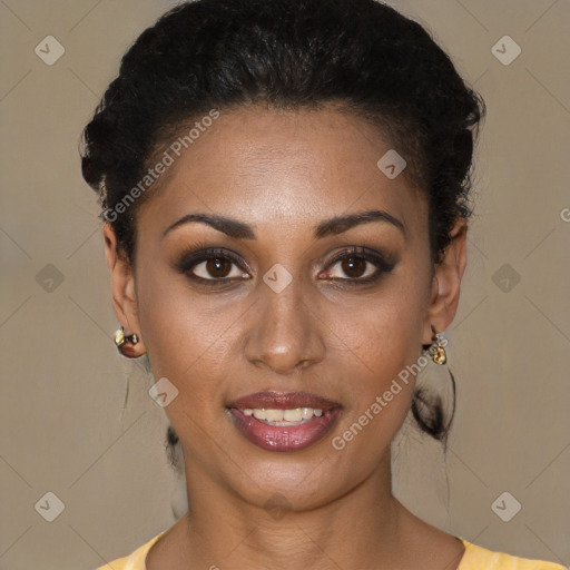 Joyful latino young-adult female with short  brown hair and brown eyes
