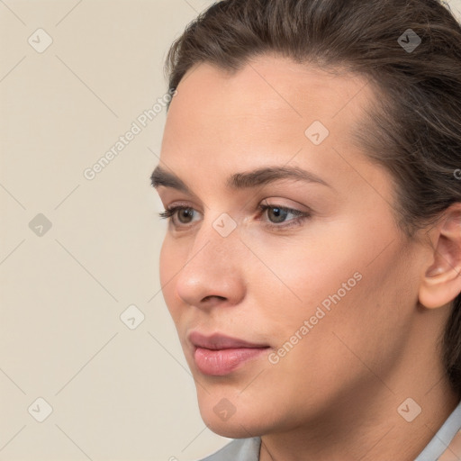 Neutral white young-adult female with short  brown hair and brown eyes