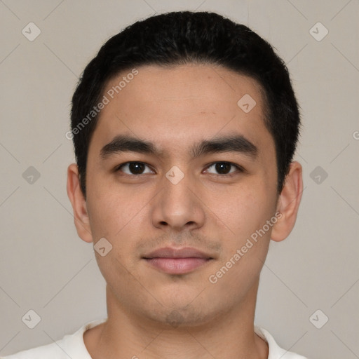 Neutral latino young-adult male with short  black hair and brown eyes