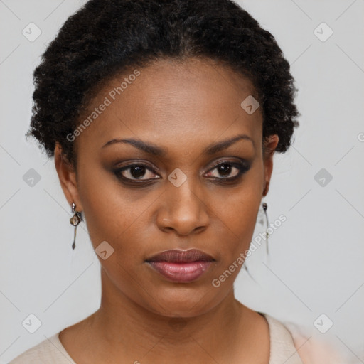 Neutral black young-adult female with short  brown hair and brown eyes