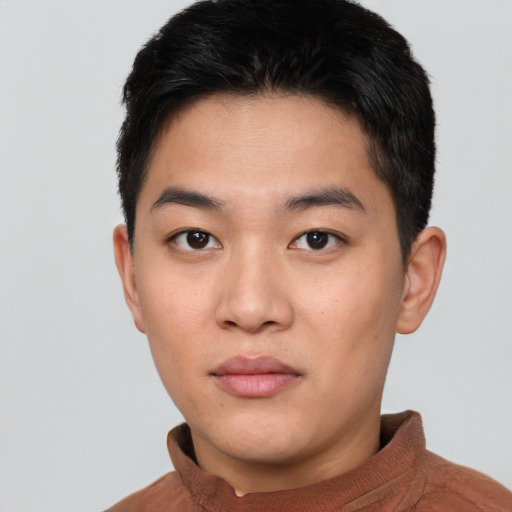 Neutral white young-adult male with short  black hair and brown eyes