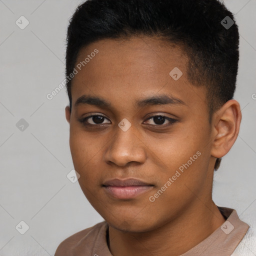 Neutral black young-adult male with short  brown hair and brown eyes