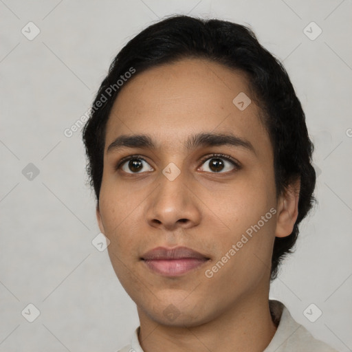 Neutral latino young-adult male with short  black hair and brown eyes