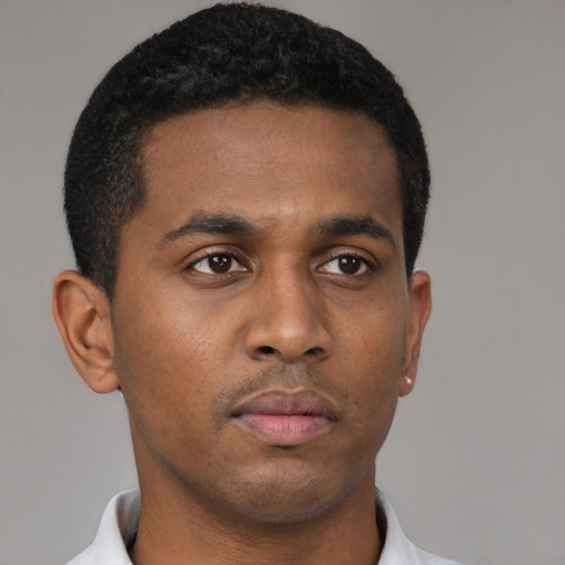 Neutral black young-adult male with short  black hair and brown eyes