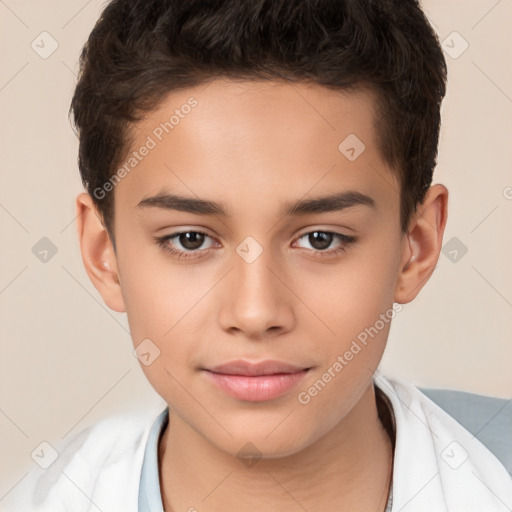 Joyful white child male with short  brown hair and brown eyes