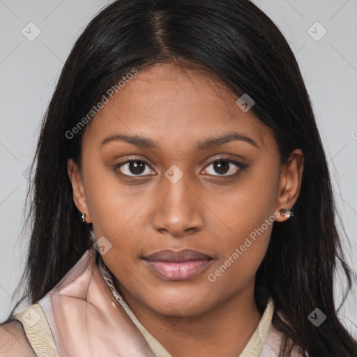 Neutral asian young-adult female with medium  brown hair and brown eyes