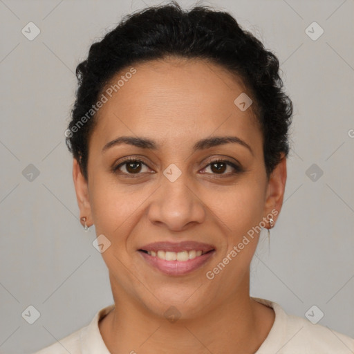 Joyful latino young-adult female with short  brown hair and brown eyes