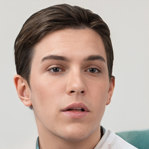 Neutral white young-adult male with short  brown hair and brown eyes