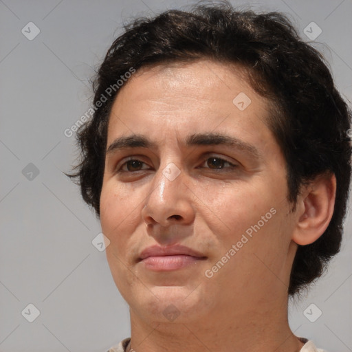 Joyful white adult female with short  brown hair and brown eyes