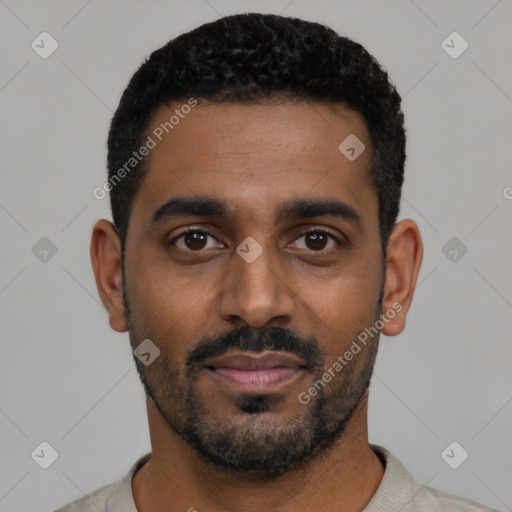 Neutral black young-adult male with short  black hair and brown eyes