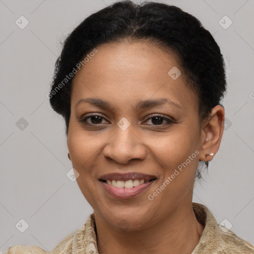 Joyful latino young-adult female with short  brown hair and brown eyes