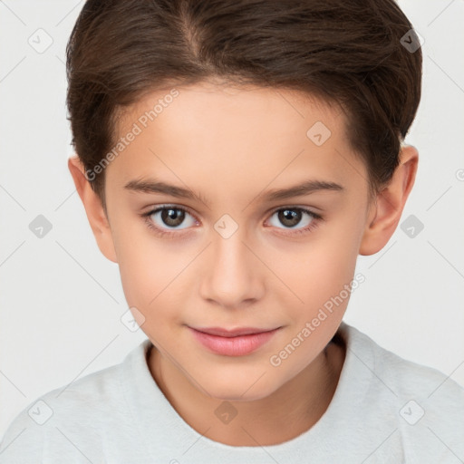 Joyful white child female with short  brown hair and brown eyes