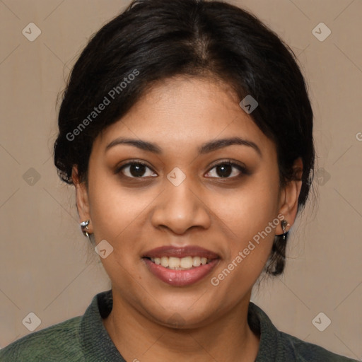 Joyful latino young-adult female with medium  brown hair and brown eyes