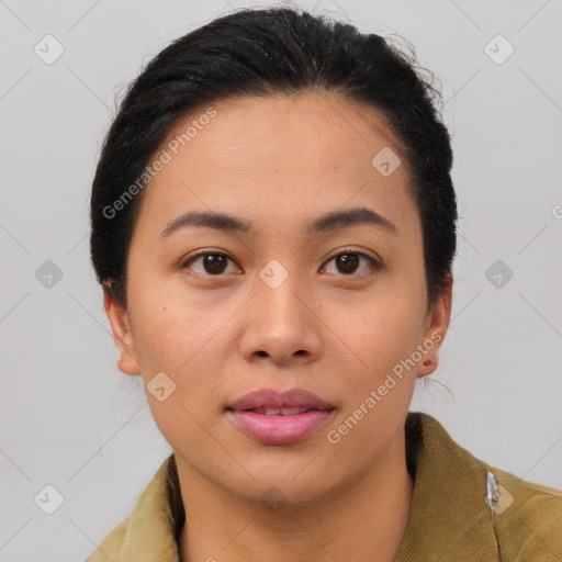 Neutral asian young-adult female with medium  brown hair and brown eyes