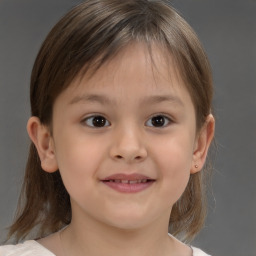 Joyful white child female with medium  brown hair and brown eyes