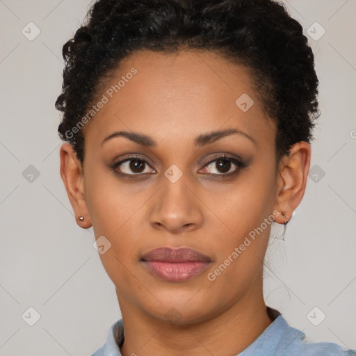 Joyful latino young-adult female with short  brown hair and brown eyes