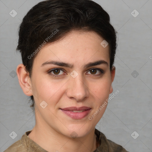 Joyful white young-adult female with short  brown hair and brown eyes