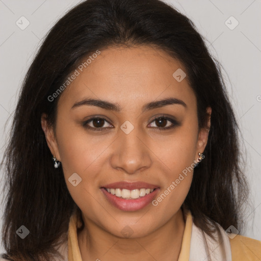 Joyful white young-adult female with long  brown hair and brown eyes