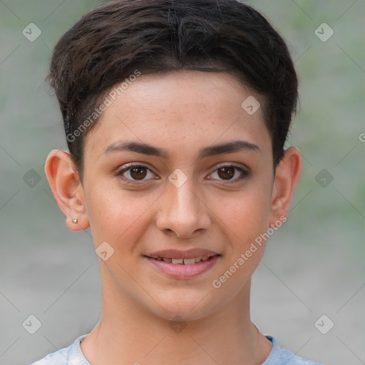 Joyful white young-adult female with short  brown hair and brown eyes