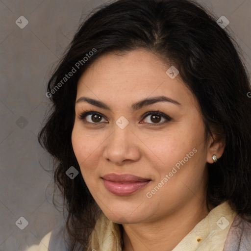 Joyful latino young-adult female with long  brown hair and brown eyes