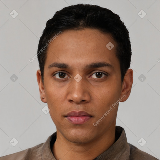 Neutral latino young-adult male with short  black hair and brown eyes