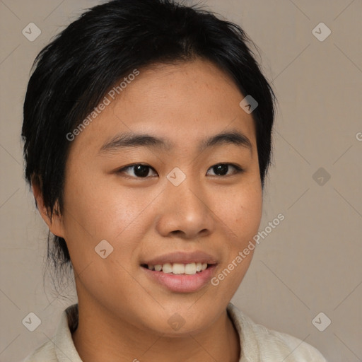 Joyful asian young-adult female with medium  black hair and brown eyes