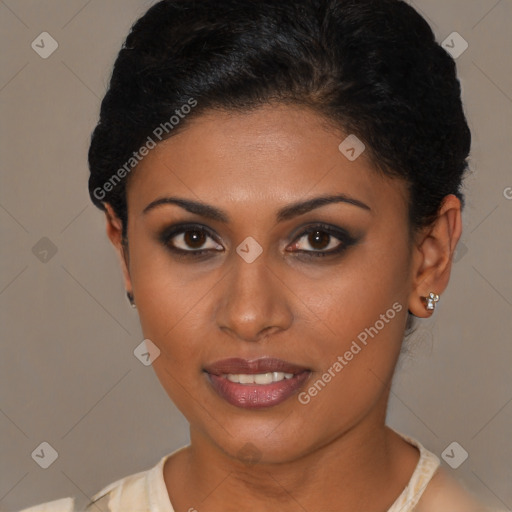 Joyful latino young-adult female with short  brown hair and brown eyes