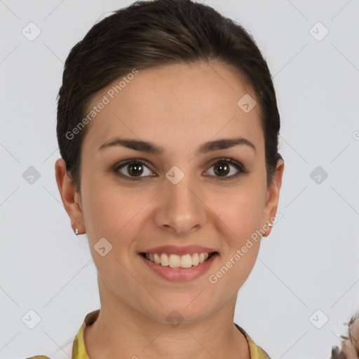 Joyful white young-adult female with short  brown hair and brown eyes