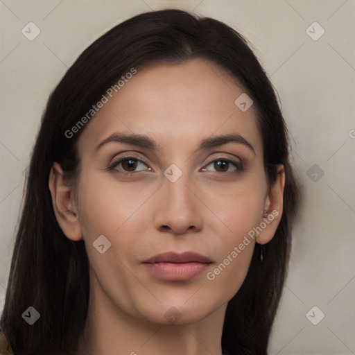 Neutral asian young-adult female with long  brown hair and brown eyes