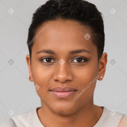 Joyful black young-adult female with short  brown hair and brown eyes