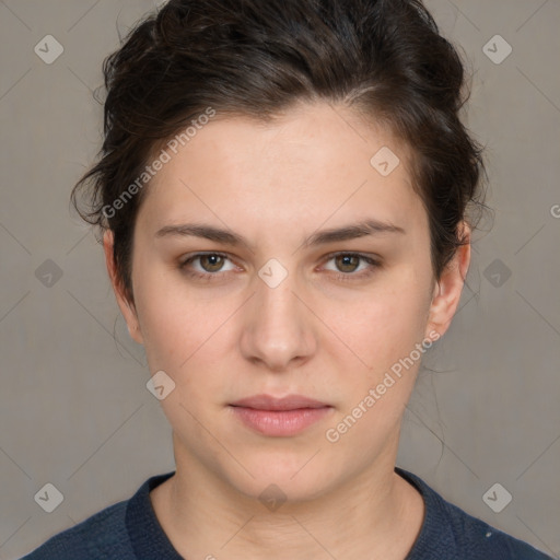 Neutral white young-adult female with medium  brown hair and brown eyes