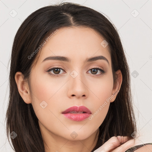 Neutral white young-adult female with medium  brown hair and brown eyes