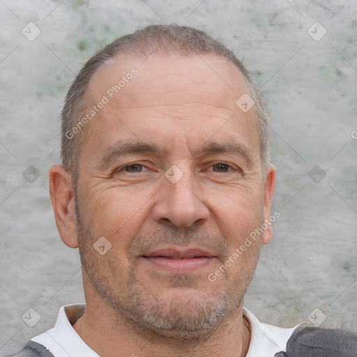 Neutral white middle-aged male with short  brown hair and brown eyes