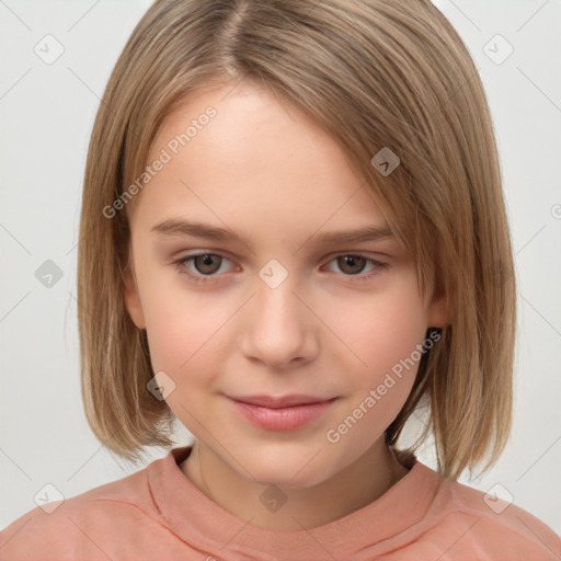 Joyful white child female with medium  brown hair and brown eyes