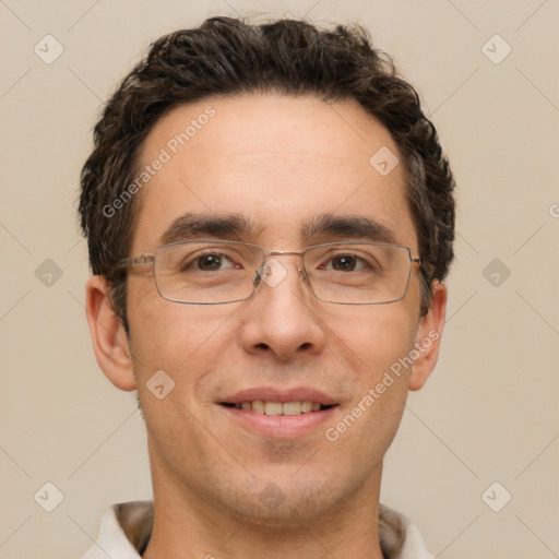 Joyful white adult male with short  brown hair and brown eyes