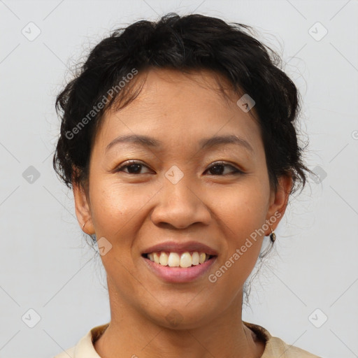 Joyful asian young-adult female with short  brown hair and brown eyes