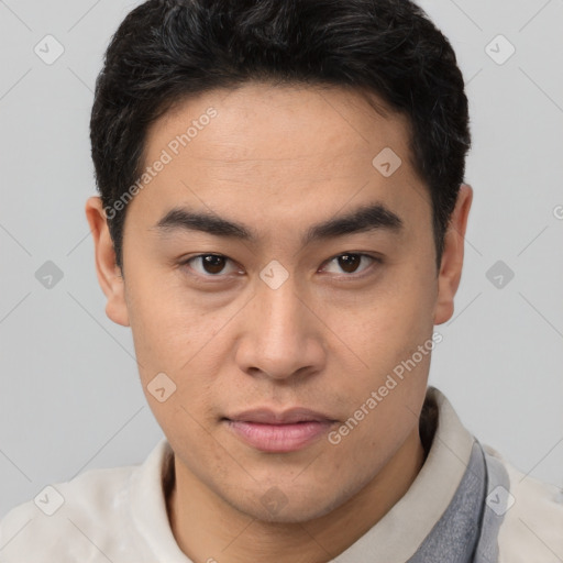 Joyful latino young-adult male with short  brown hair and brown eyes