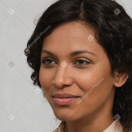 Joyful latino young-adult female with long  brown hair and brown eyes