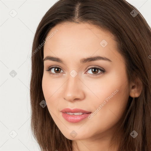 Neutral white young-adult female with long  brown hair and brown eyes