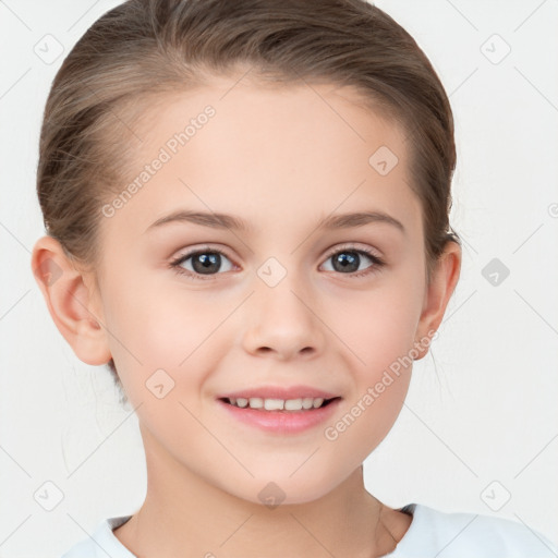 Joyful white child female with short  brown hair and brown eyes