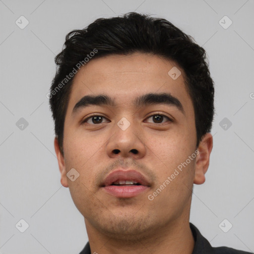 Neutral asian young-adult male with short  black hair and brown eyes