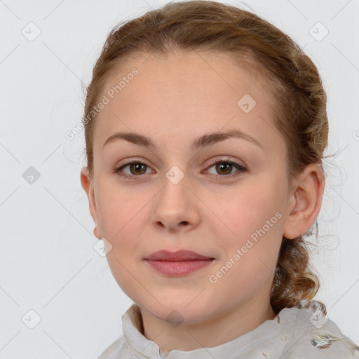 Neutral white young-adult female with medium  brown hair and brown eyes