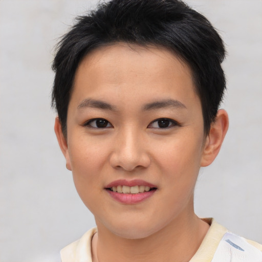 Joyful asian young-adult female with short  brown hair and brown eyes