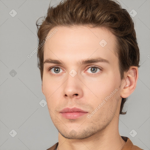 Neutral white young-adult male with short  brown hair and grey eyes