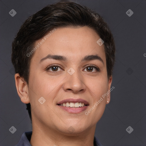 Joyful white young-adult female with short  brown hair and brown eyes