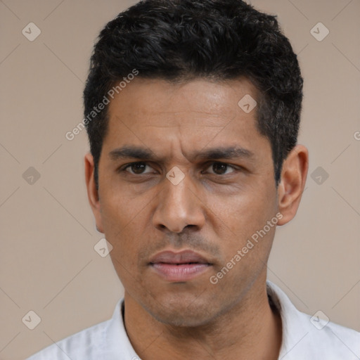 Neutral white adult male with short  black hair and brown eyes