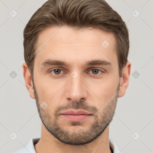 Neutral white young-adult male with short  brown hair and brown eyes