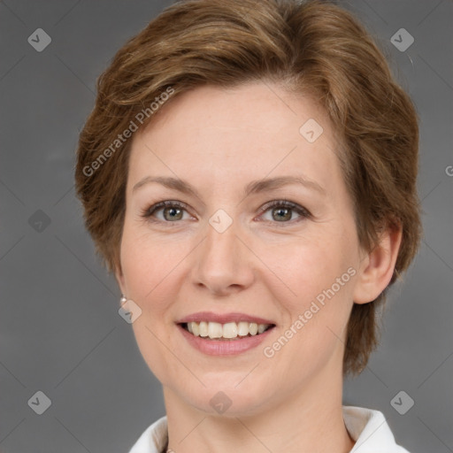 Joyful white adult female with medium  brown hair and grey eyes