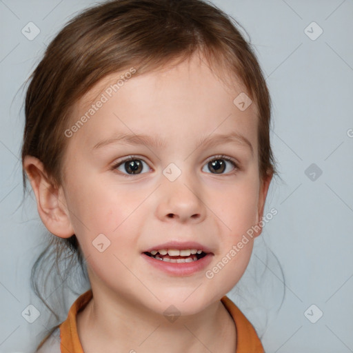 Joyful white child female with medium  brown hair and brown eyes